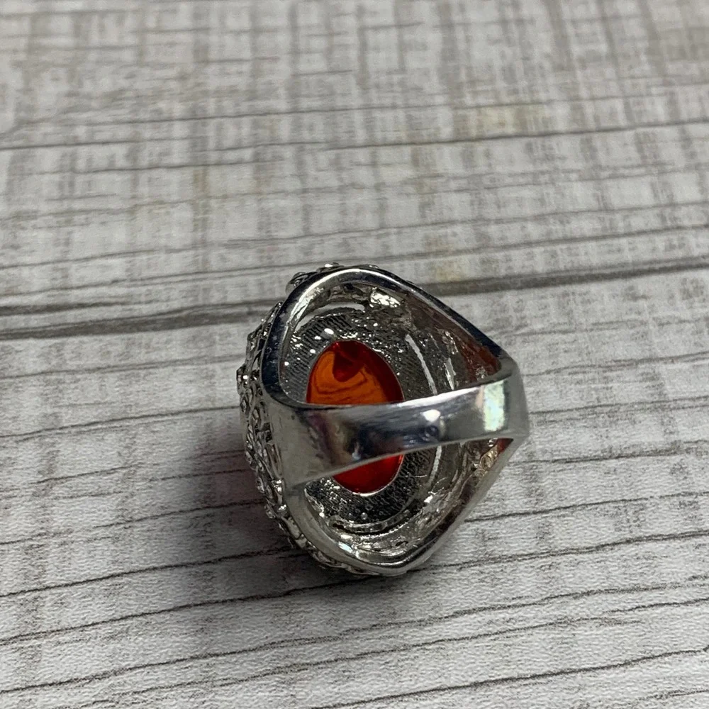 Vintage Style Red Cabochon Statement Ring Silver Tone Rhinestone Halo Size 7.5